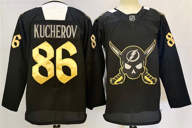 Personalized Men’s Tampa Bay Lightning #86 Nikita Kucherov 2024-25 Black Gasparilla Inspired Pirate-Themed Warmup Stitched Jersey