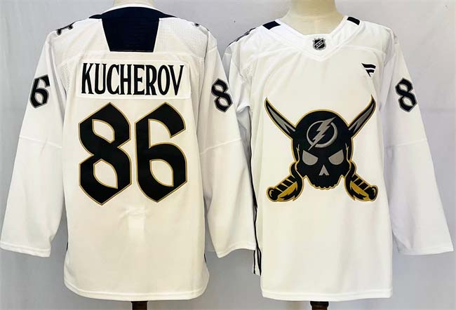 Personalized Men’s Tampa Bay Lightning #86 Nikita Kucherov 2024-25 White Gasparilla Inspired Pirate-Themed Warmup Stitched Jersey