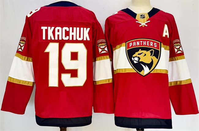 Personalized Men’s Florida Panthers #19 Matthew Tkachuk Red 2024-25 Home With A Patch Stitched Hockey Jersey