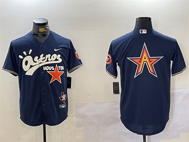Personalized Men’s Houston Astros Navy Team Big Logo Cactus Jack Style Premier Limited Stitched Baseball Jersey