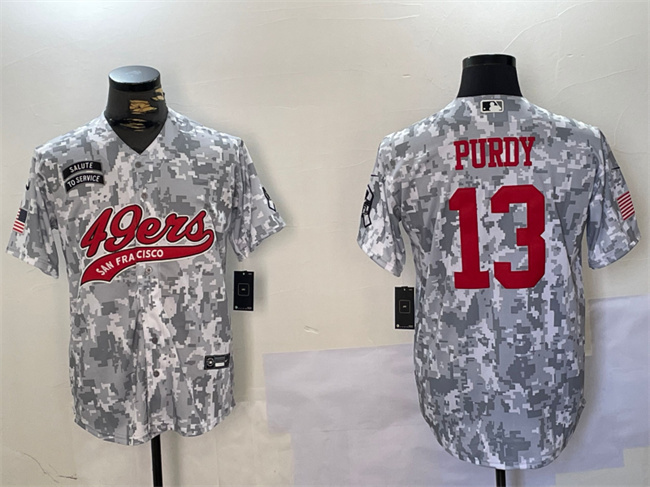 Personalized Men’s San Francisco 49ers #13 Brock Purdy 2024 Arctic Camo Salute To Service Stitched Baseball Jersey