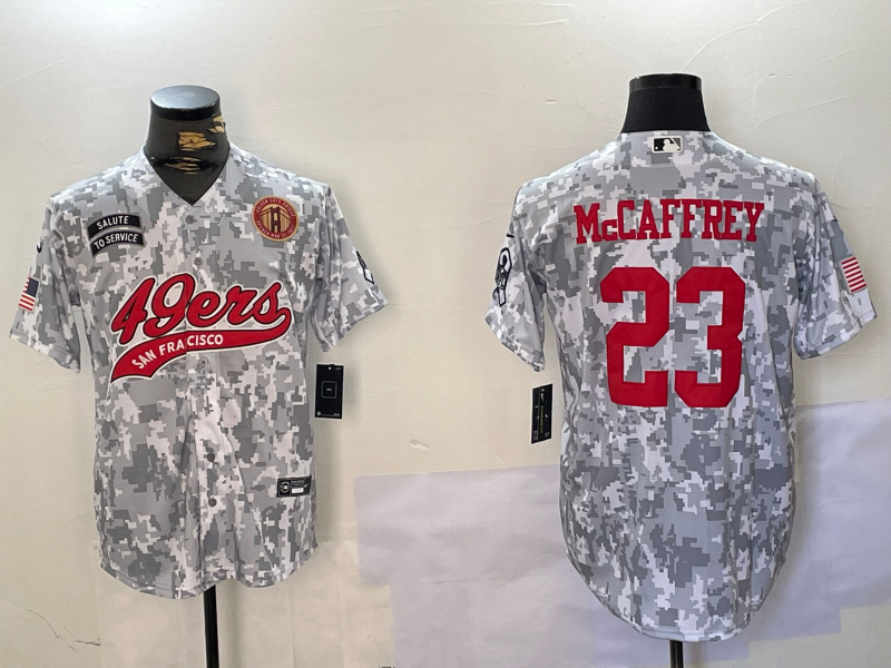 Personalized Men’s San Francisco 49ers #23 Christian McCaffrey 2024 Arctic Camo Salute To Service Stitched Baseball Jerseys