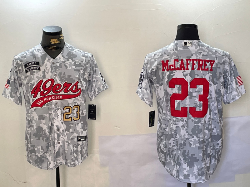 Personalized Men’s San Francisco 49ers #23 Christian McCaffrey 2024 Arctic Camo Salute To Service Stitched Baseball Jerseys