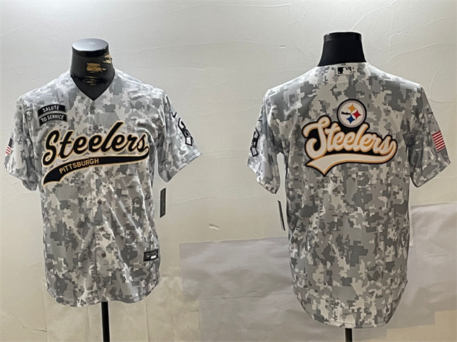 Personalized Men’s Pittsburgh Steelers Team Big Logo 2024 Arctic Camo Salute To Service Stitched Baseball Jersey