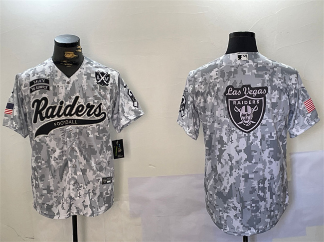 Personalized Men’s Las Vegas Raiders Team Big Logo 2024 Arctic Camo Salute To Service With 65th Anniversary Patch Stitched Baseball Jersey