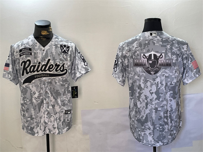 Personalized Men’s Las Vegas Raiders Team Big Logo 2024 Arctic Camo Salute To Service With 65th Anniversary Patch Stitched Baseball Jerseys