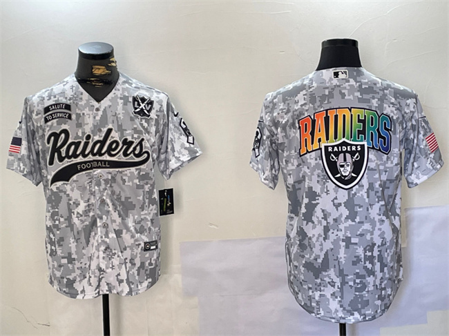 Personalized Men’s Las Vegas Raiders Team Big Logo 2024 Arctic Camo Salute To Service With 65th Anniversary Patch Stitched Baseball Jerseys
