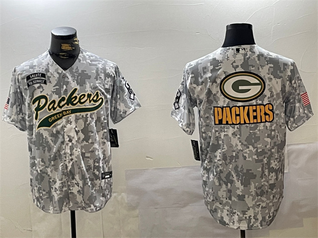 Personalized Men’s Green Bay Packers Team Big Logo 2024 Arctic Camo Salute To Service Stitched Baseball Jersey