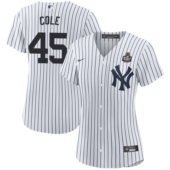 Personalized Women’s New York Yankees #45 Gerrit Cole White 2024 World Series With Name Cool Base Stitched Baseball Jersey(Run Small)
