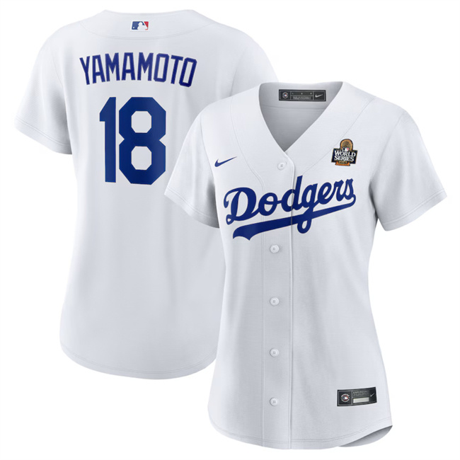 Personalized Women’s Los Angeles Dodgers #18 Yoshinobu Yamamoto White 2024 World Series Cool Base Stitched Baseball Jersey(Run Small)