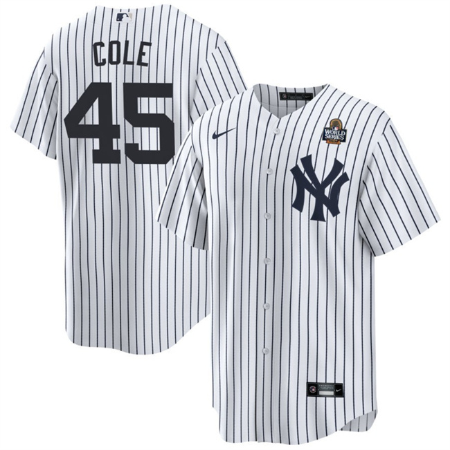 Personalized Men’s New York Yankees #45 Gerrit Cole White 2024 World Series With Name Cool Base Stitched Baseball Jersey