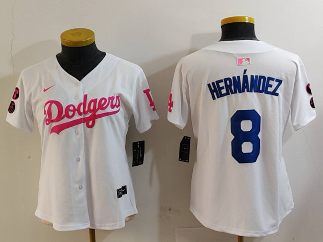 Personalized Women’s Los Angeles Dodgers #8 Enrique Hernandez White Pink Vin & Kobe Patch Stitched Baseball Jersey(Run Small)