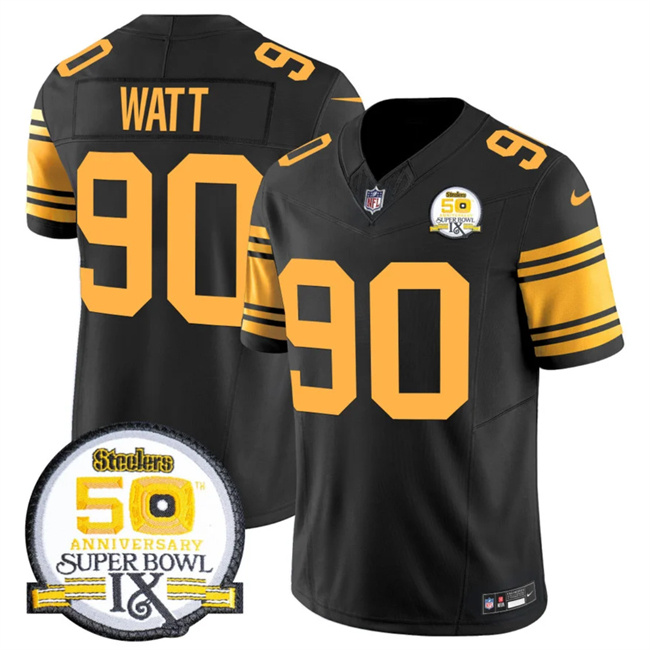 Personalized Men’s Pittsburgh Steelers #90 T.J. Watt Black 2024 F.U.S.E. 50th Anniversary Of Super Bowl IX Color Rush Limited Stitched Jersey