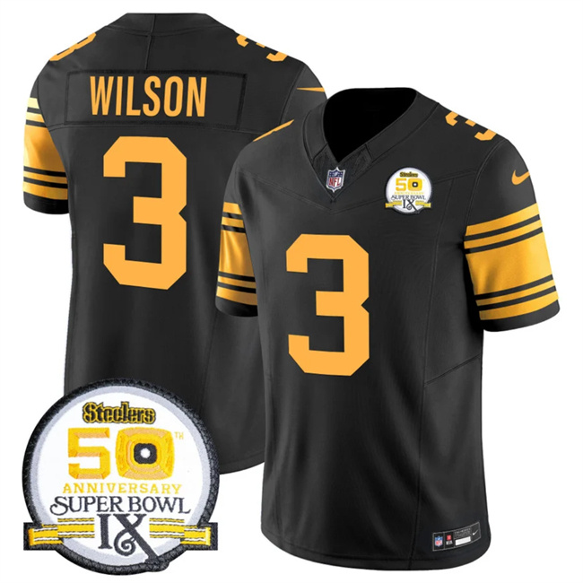 Personalized Men’s Pittsburgh Steelers #3 Russell Wilson Black 2024 F.U.S.E. 50th Anniversary Of Super Bowl IX Color Rush Limited Stitched Jersey