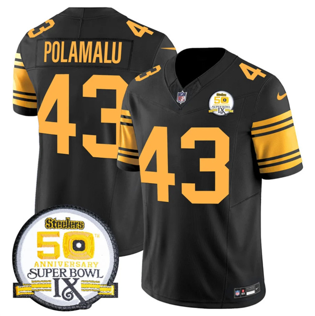 Personalized Men’s Pittsburgh Steelers #43 Troy Polamalu Black 2024 F.U.S.E. 50th Anniversary Of Super Bowl IX Color Rush Limited Stitched Jersey