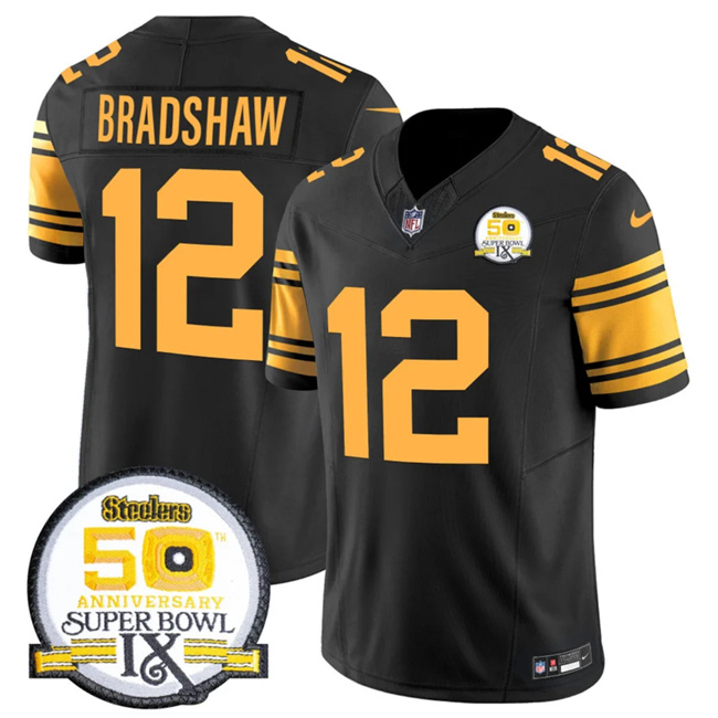 Personalized Men’s Pittsburgh Steelers #12 Terry Bradshaw Black 2024 F.U.S.E. 50th Anniversary Of Super Bowl IX Color Rush Limited Stitched Jersey