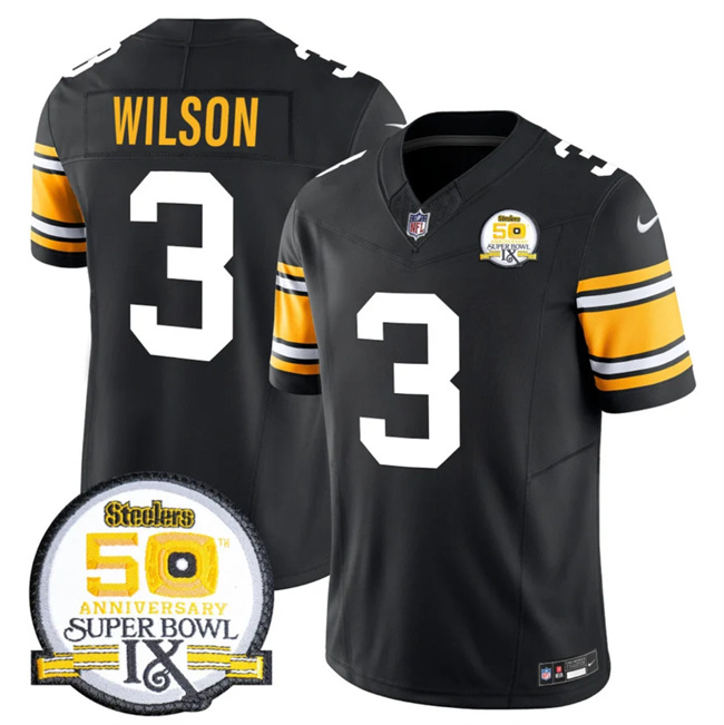 Personalized Men’s Pittsburgh Steelers #3 Russell Wilson Black 2024 F.U.S.E. 50th Anniversary Of Super Bowl IX Untouchable Limited Stitched Jersey