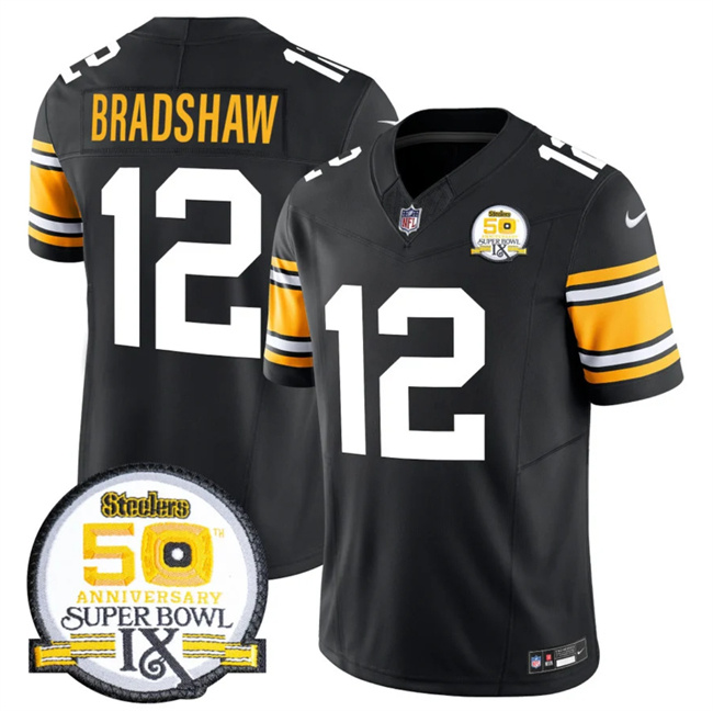 Personalized Men’s Pittsburgh Steelers #12 Terry Bradshaw Black 2024 F.U.S.E. 50th Anniversary Of Super Bowl IX Untouchable Limited Stitched Jersey
