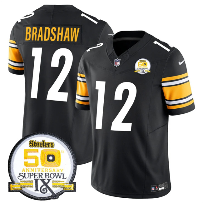 Personalized Men’s Pittsburgh Steelers #12 Terry Bradshaw Black 2024 F.U.S.E. 50th Anniversary Of Super Bowl IX Alternate Untouchable Limited Stitched Jersey