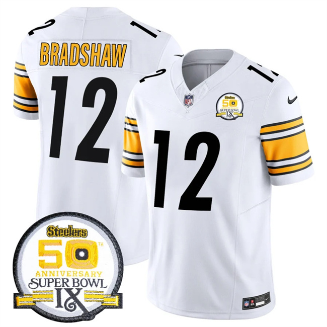 Personalized Men’s Pittsburgh Steelers #12 Terry Bradshaw White 2024 F.U.S.E. 50th Anniversary Of Super Bowl IX Alternate Untouchable Limited Stitched Jersey