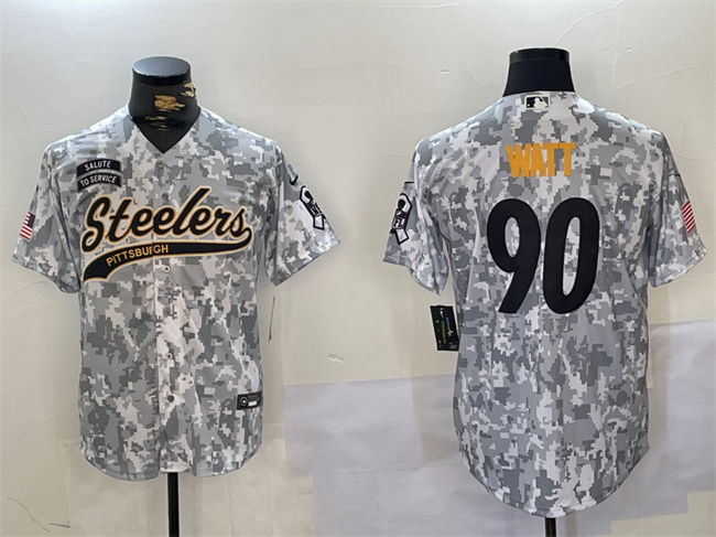 Personalized Men’s Pittsburgh Steelers #90 T.J. Watt 2024 Arctic Camo Salute To Service Stitched Baseball Jersey