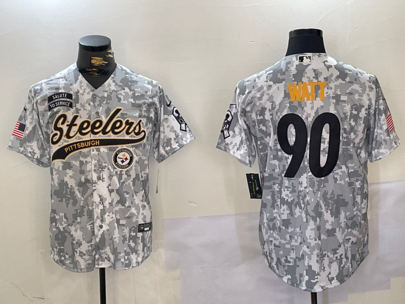 Personalized Men’s Pittsburgh Steelers #90 T.J. Watt 2024 Arctic Camo Salute To Service Stitched Baseball Jerseys