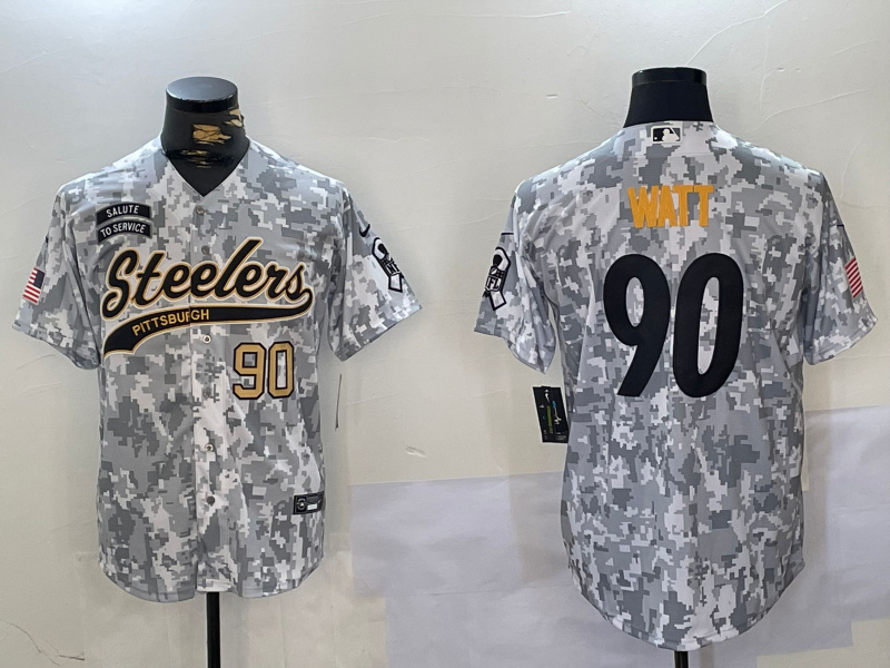 Personalized Men’s Pittsburgh Steelers #90 T.J. Watt 2024 Arctic Camo Salute To Service Stitched Baseball Jerseys