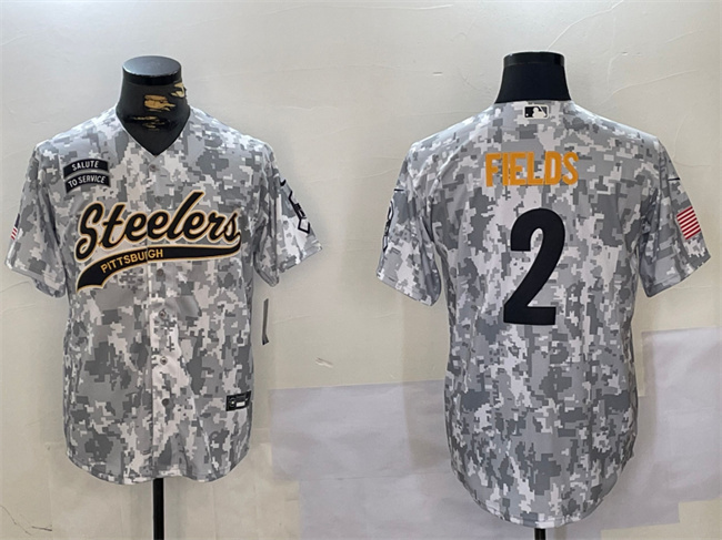 Personalized Men’s Pittsburgh Steelers #2 Justin Fields 2024 Arctic Camo Salute To Service Stitched Baseball Jersey