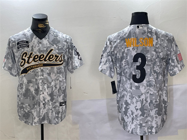 Personalized Men’s Pittsburgh Steelers #3 Russell Wilson 2024 Arctic Camo Salute To Service Stitched Baseball Jersey