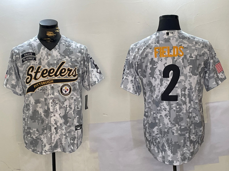 Personalized Men’s Pittsburgh Steelers #2 Justin Fields 2024 Arctic Camo Salute To Service Stitched Baseball Jerseys
