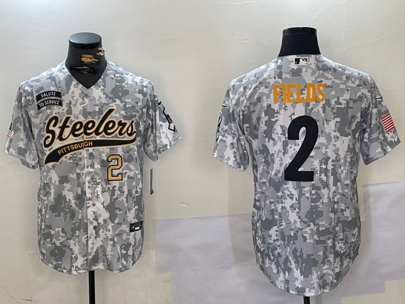 Personalized Men’s Pittsburgh Steelers #2 Justin Fields 2024 Arctic Camo Salute To Service Stitched Baseball Jerseys