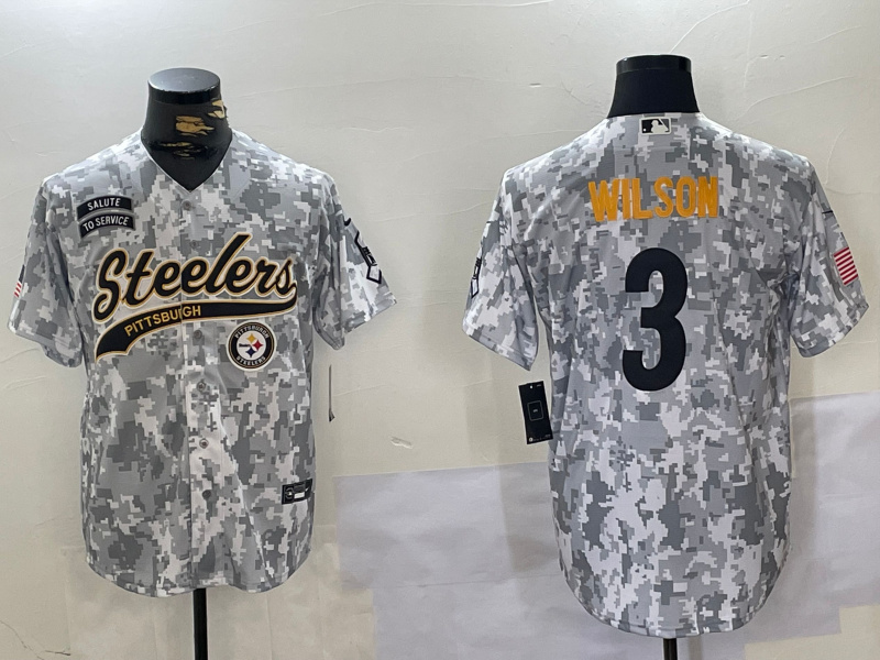 Personalized Men’s Pittsburgh Steelers #3 Russell Wilson 2024 Arctic Camo Salute To Service Stitched Baseball Jerseys