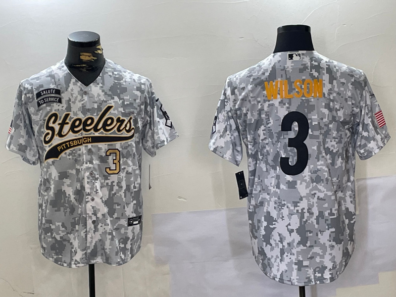 Personalized Men’s Pittsburgh Steelers #3 Russell Wilson 2024 Arctic Camo Salute To Service Stitched Baseball Jerseys