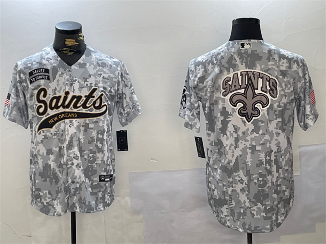 Personalized Men’s New Orleans Saints Team Big Logo 2024 Arctic Camo Salute To Service Stitched Baseball Jersey