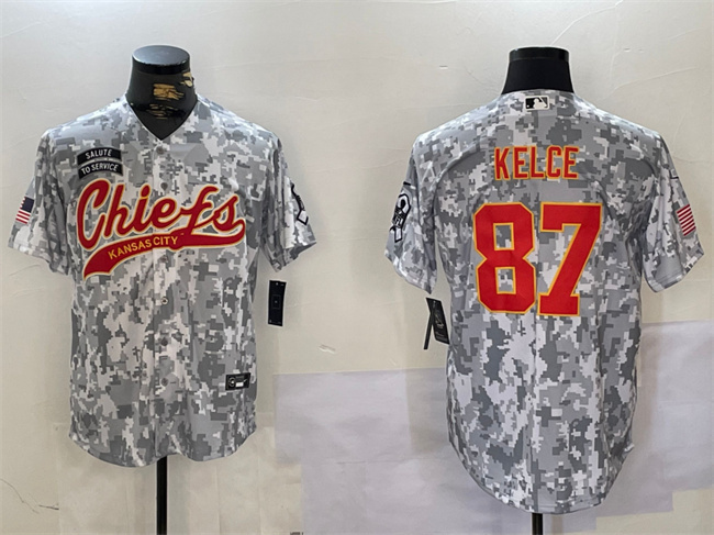 Personalized Men’s Kansas City Chiefs #87 Travis Kelce 2024 Arctic Camo Salute To Service Stitched Baseball Jersey