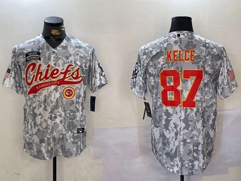 Personalized Men’s Kansas City Chiefs #87 Travis Kelce 2024 Arctic Camo Salute To Service Stitched Baseball Jerseys