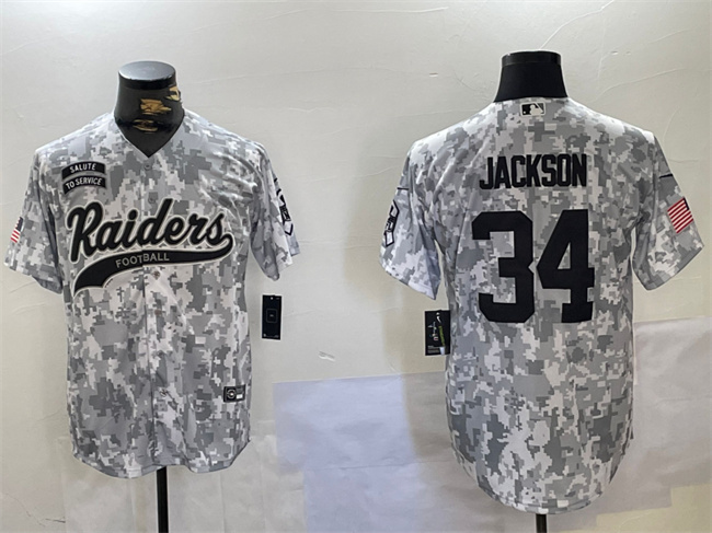 Personalized Men’s Las Vegas Raiders #34 Bo Jackson 2024 Arctic Camo Salute To Service Stitched Baseball Jersey