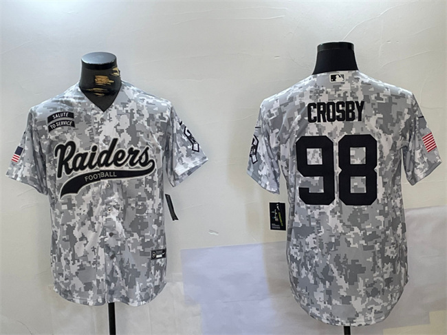 Personalized Men’s Las Vegas Raiders #98 Maxx Crosby 2024 Arctic Camo Salute To Service Stitched Baseball Jersey