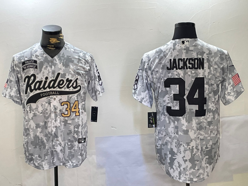 Personalized Men’s Las Vegas Raiders #34 Bo Jackson 2024 Arctic Camo Salute To Service Stitched Baseball Jerseys