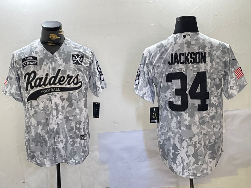 Personalized Men’s Las Vegas Raiders #34 Bo Jackson 2024 Arctic Camo Salute To Service Stitched Baseball Jerseys