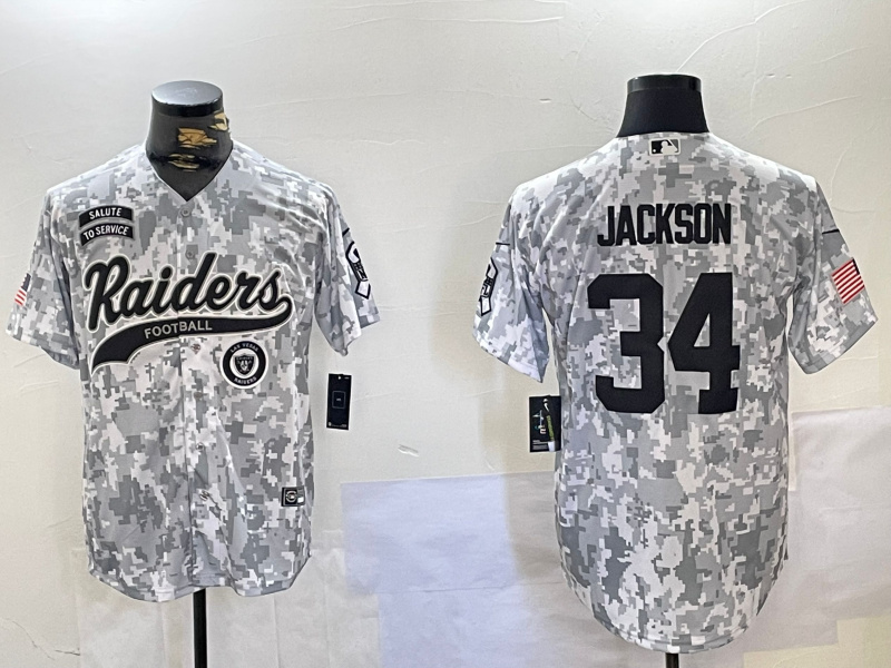 Personalized Men’s Las Vegas Raiders #34 Bo Jackson 2024 Arctic Camo Salute To Service Stitched Baseball Jerseys