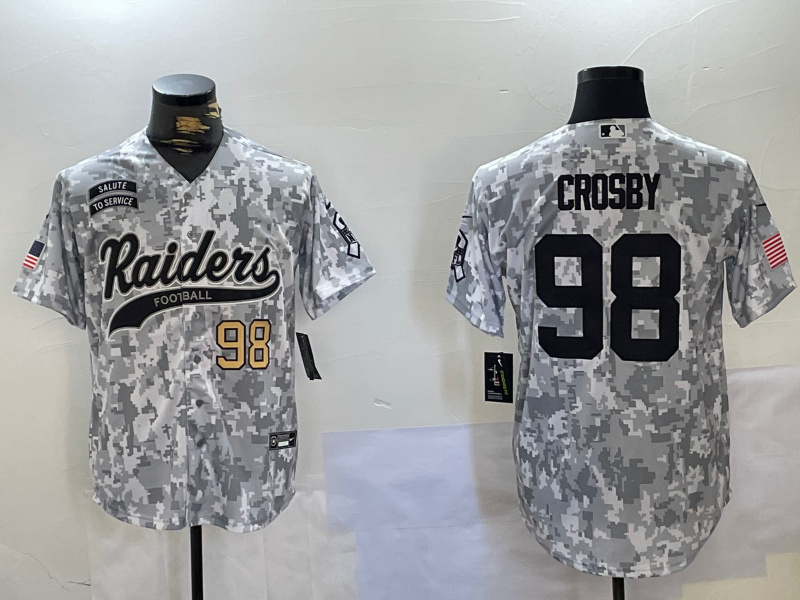 Personalized Men’s Las Vegas Raiders #98 Maxx Crosby 2024 Arctic Camo Salute To Service Stitched Baseball Jerseys