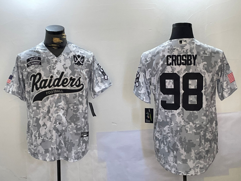 Personalized Men’s Las Vegas Raiders #98 Maxx Crosby 2024 Arctic Camo Salute To Service Stitched Baseball Jerseys