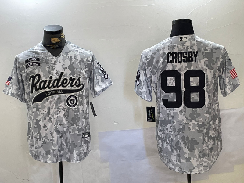 Personalized Men’s Las Vegas Raiders #98 Maxx Crosby 2024 Arctic Camo Salute To Service Stitched Baseball Jerseys