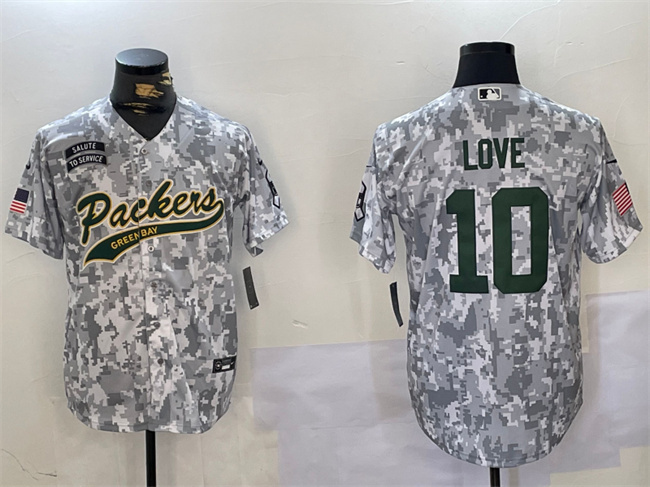 Personalized Men’s Green Bay Packers #10 Jordan Love 2024 Arctic Camo Salute To Service Stitched Baseball Jersey