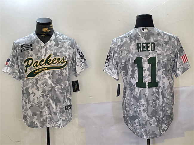 Personalized Men’s Green Bay Packers #11 Jayden Reed 2024 Arctic Camo Salute To Service Stitched Baseball Jersey