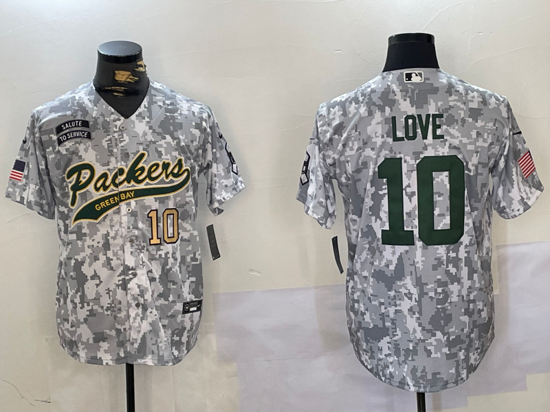 Personalized Men’s Green Bay Packers #10 Jordan Love 2024 Arctic Camo Salute To Service Stitched Baseball Jerseys