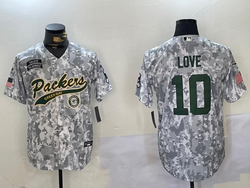 Personalized Men’s Green Bay Packers #10 Jordan Love 2024 Arctic Camo Salute To Service Stitched Baseball Jerseys