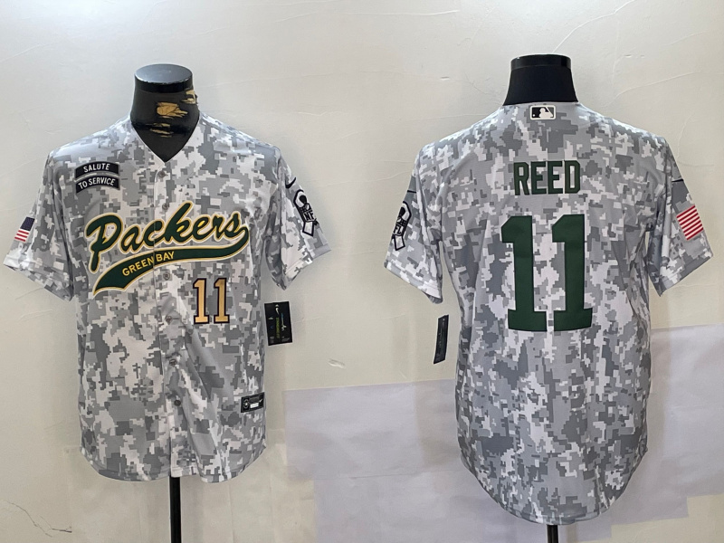 Personalized Men’s Green Bay Packers #11 Jayden Reed 2024 Arctic Camo Salute To Service Stitched Baseball Jerseys