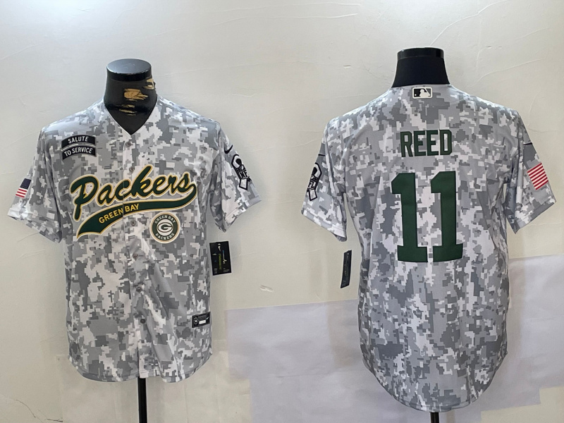 Personalized Men’s Green Bay Packers #11 Jayden Reed 2024 Arctic Camo Salute To Service Stitched Baseball Jerseys